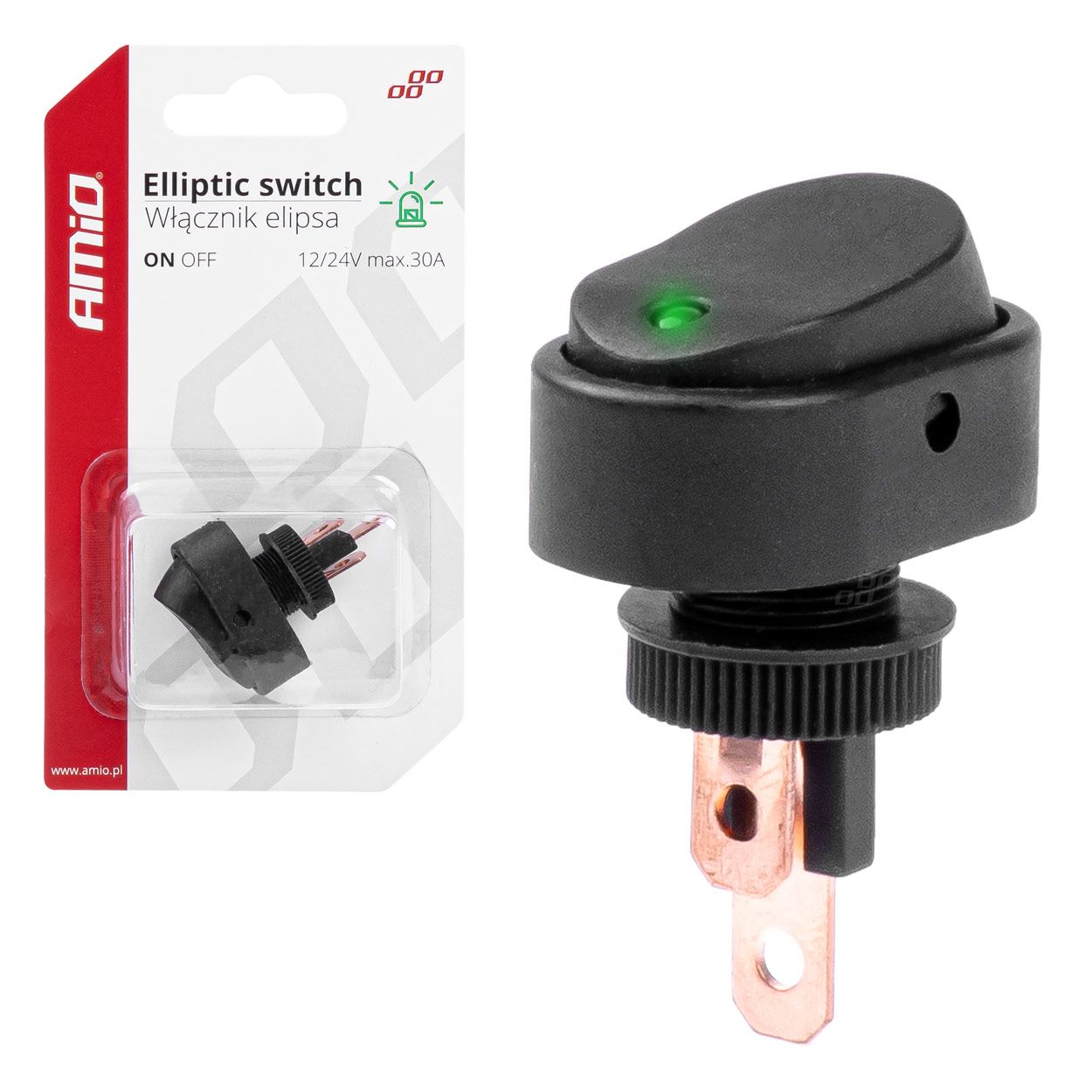 Прекинувач со зелено светло 12/24V max30A on/off AMIO-03087
