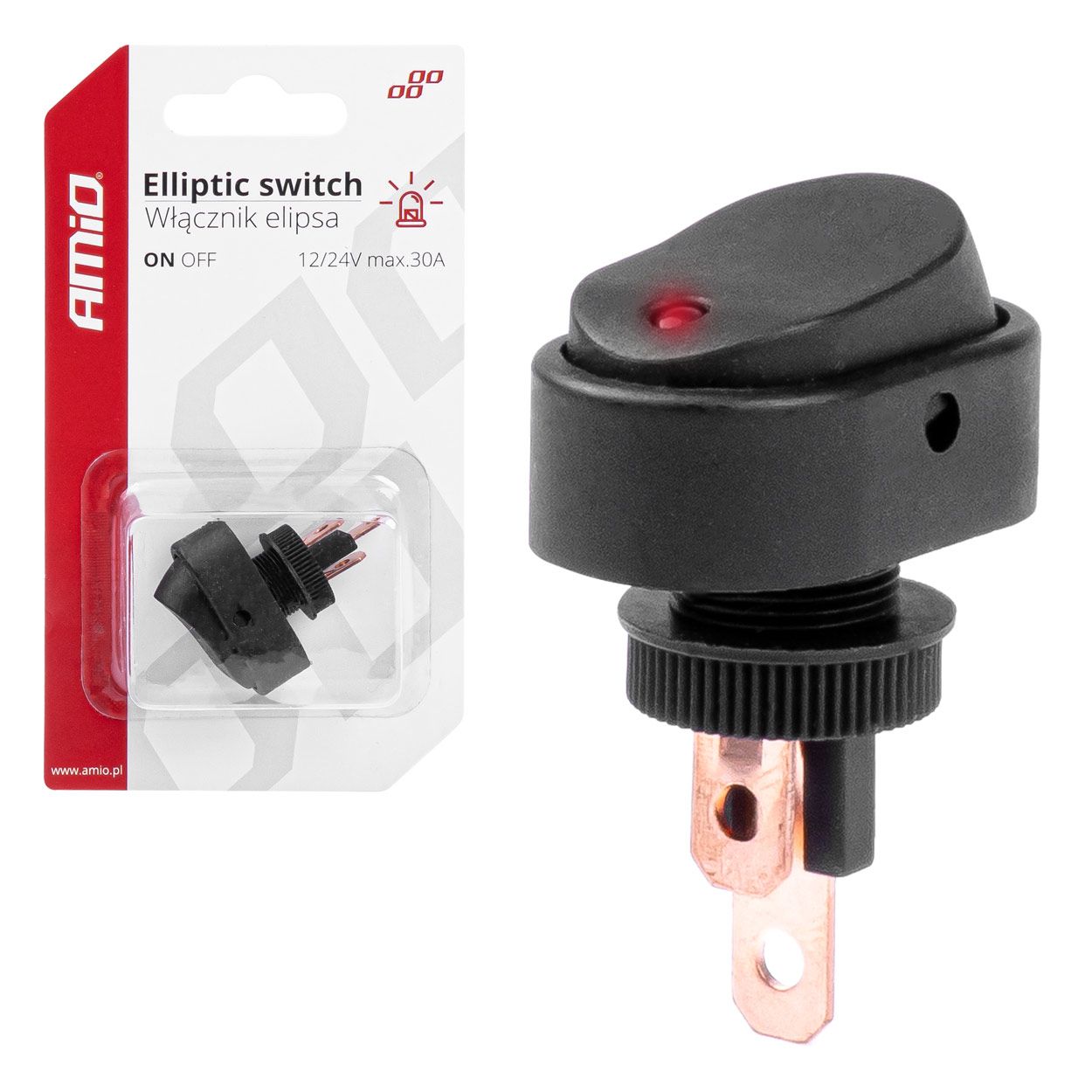 Прекинувач со црвено светло 12/24V max30A on/off AMIO-03089