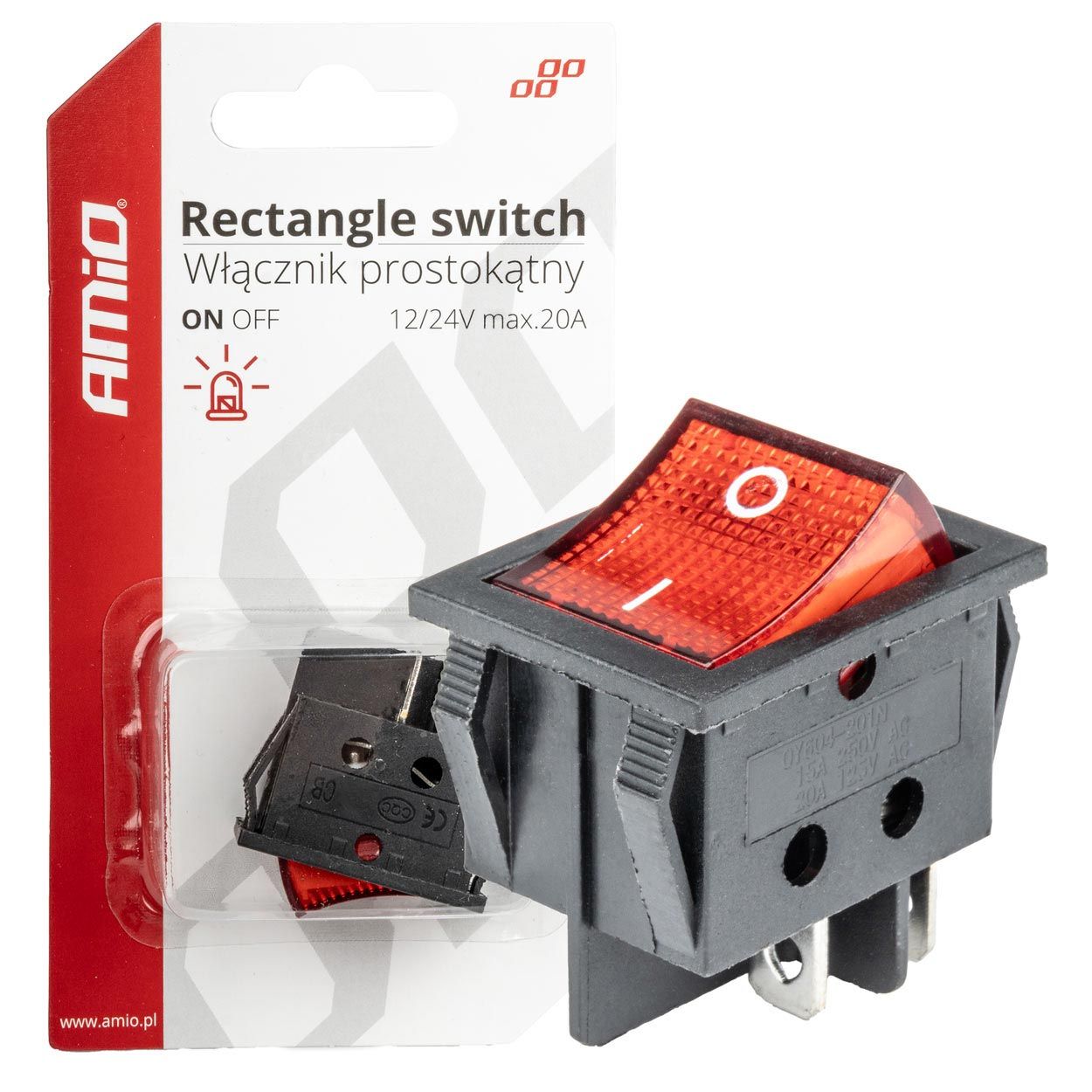 Правоаголен прекинувач со црвено светло 12/24V max.20A 1pcs/blister AMIO-03613