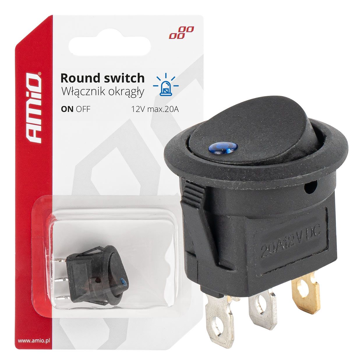 Кружен прекинувач 12V 20A on/off со сино светло AMIO-03963
