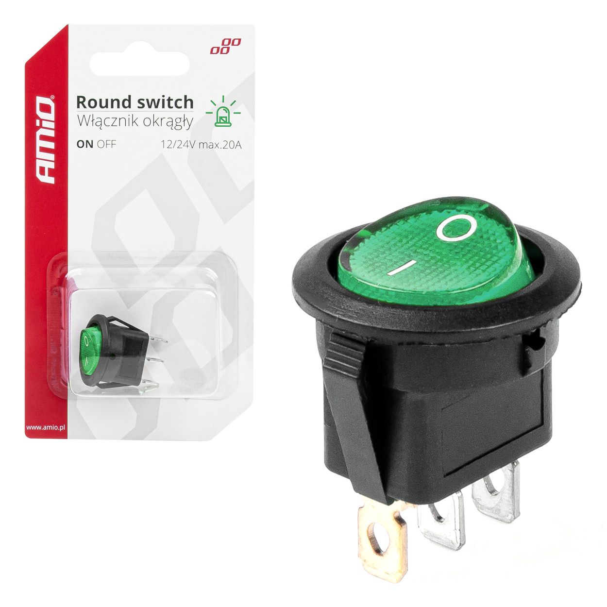 Кружен прекинувач со зелено светло 12/24V 20A on/off AMIO-03084