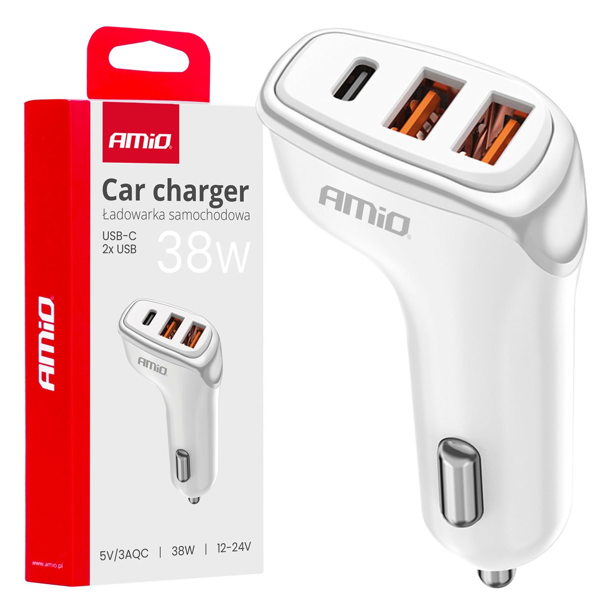 Полнач за телефон за во кола 38W 2xUSB-C AMIO-03886