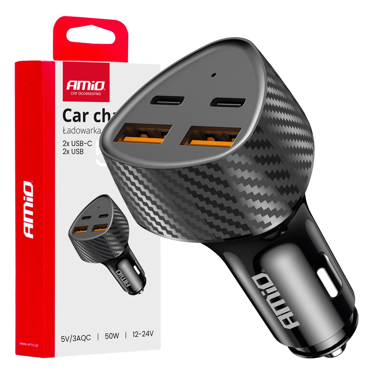 Полнач за телефон за во кола 50W 2xUSB-A AMIO-04284