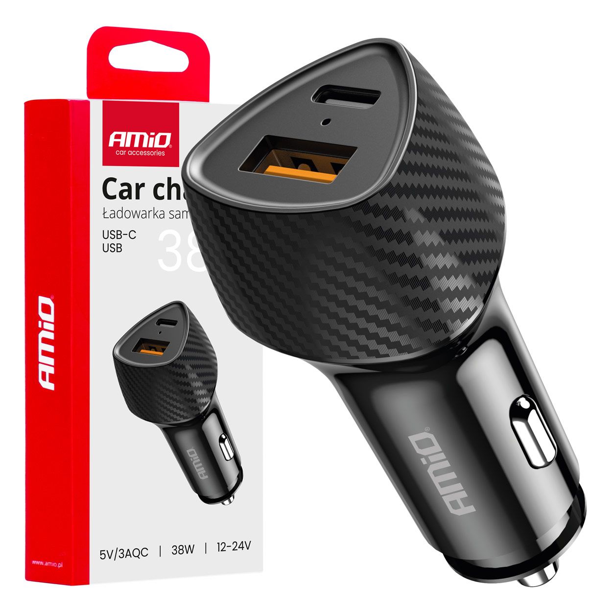 Полнач за телефон за во кола QC+PD 38W USB-A AMIO-04283