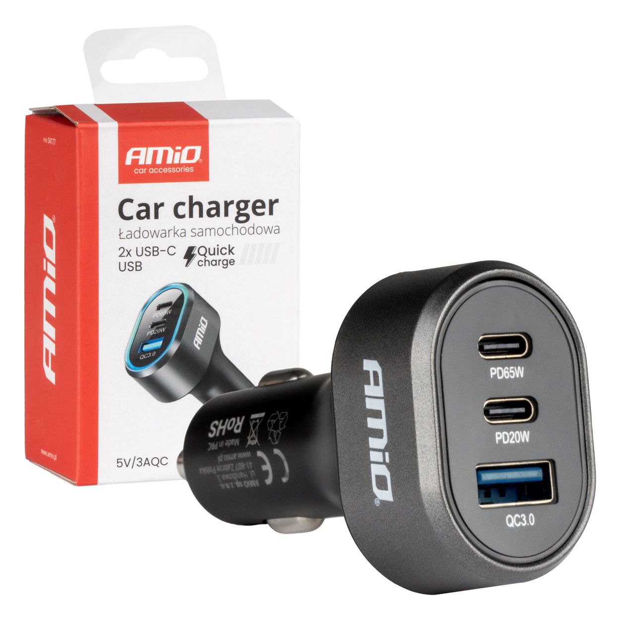 Полнач за телефон за во кола 3.0 PD65W PD20W AMIO-04177