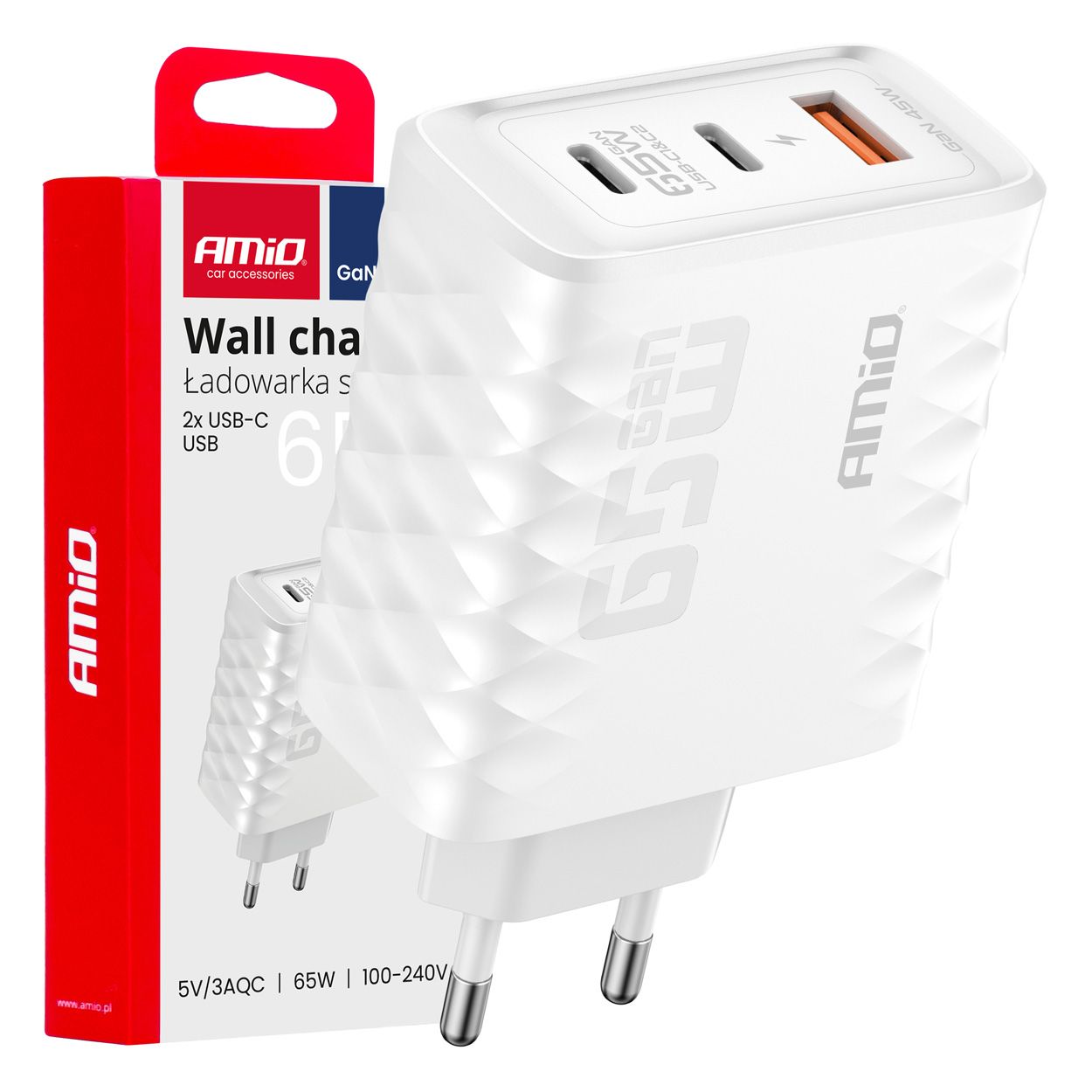 Полнач за телефон 65W USB-A + 2USB-C AMIO-04289