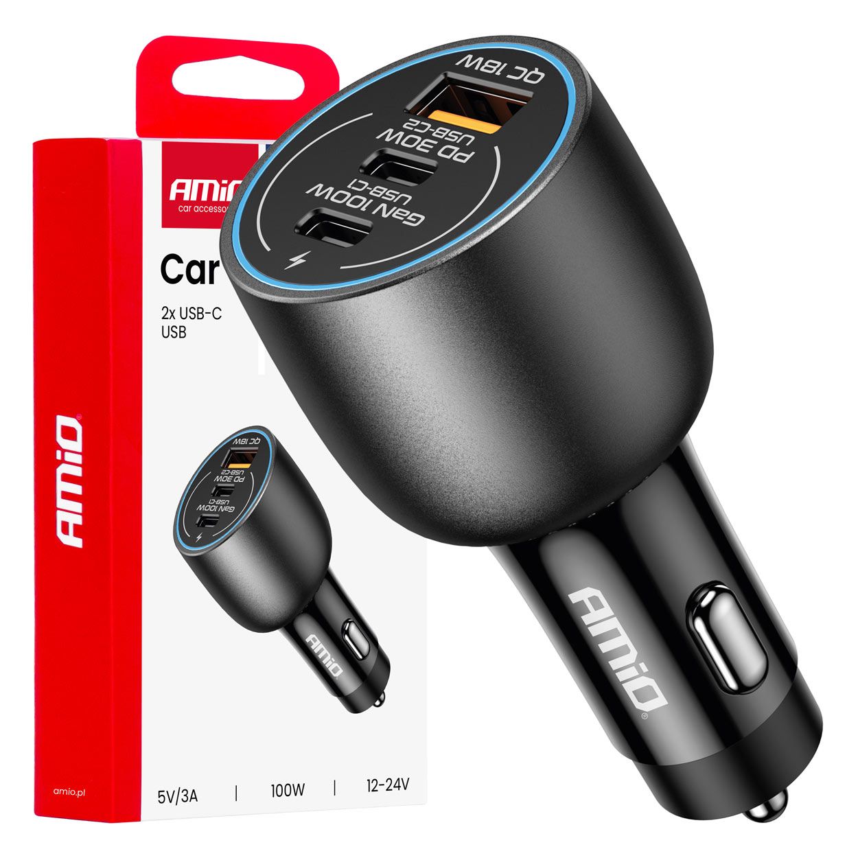 Полнач за телефон за во кола USB-C + USB- A port 12/24V 100W AMIO-04371