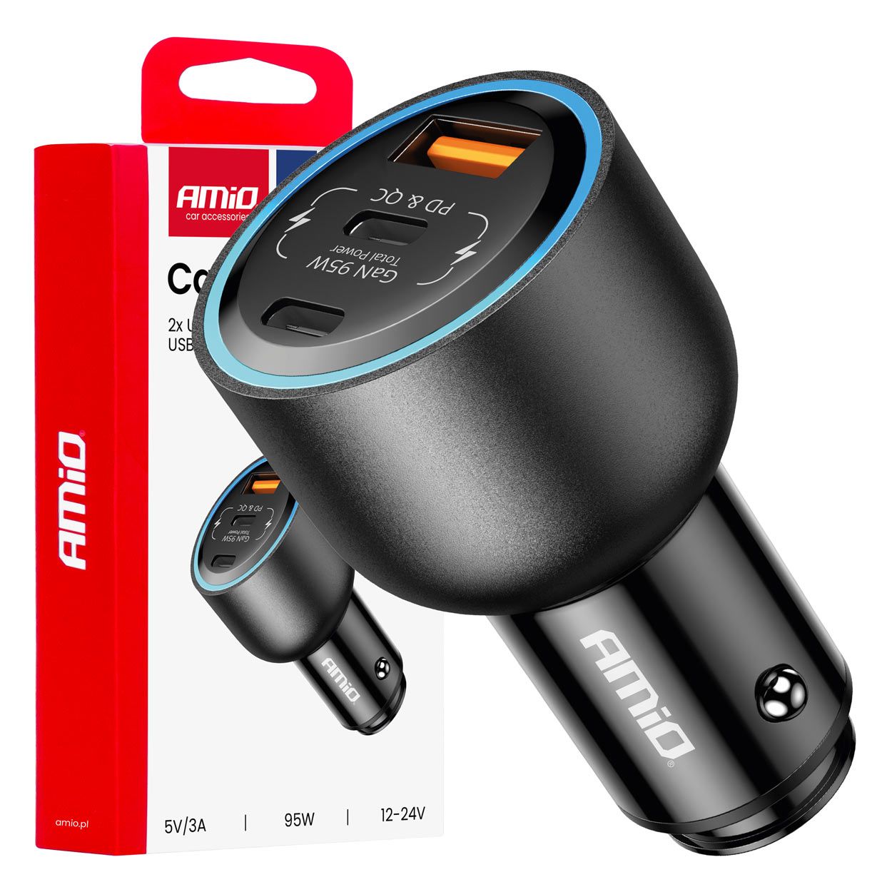 Полнач за телефон за во кола USB-C + USB- A port 12/24V 95W AMIO-04372