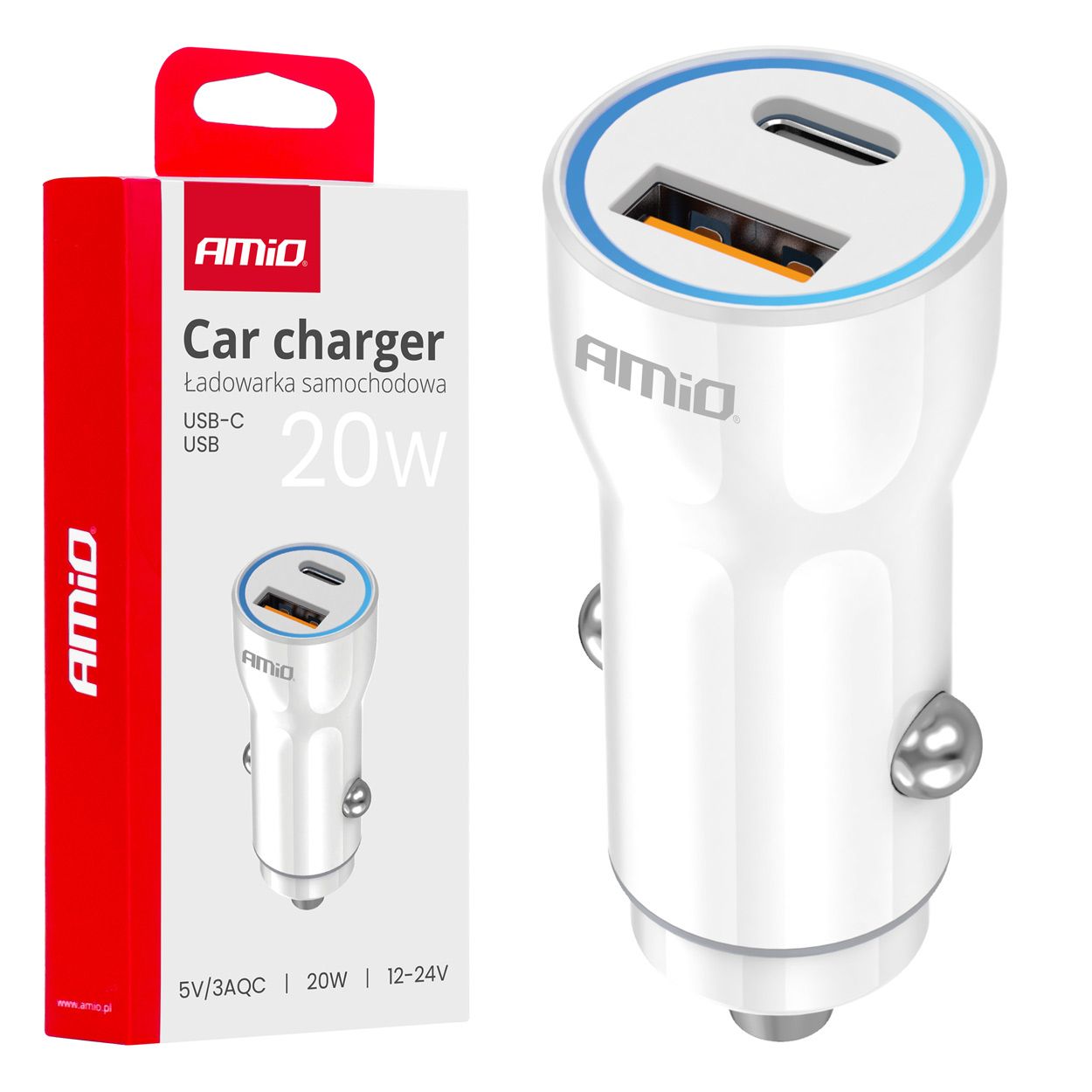 Полнач за телефон за во кола 20W USB-A+USB-C AMIO-03881