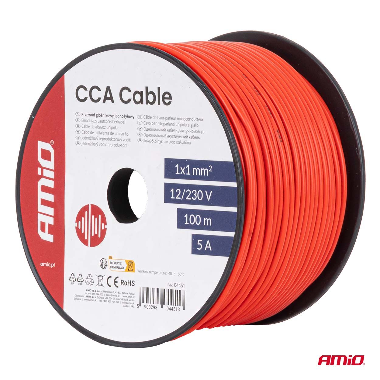 Кабел CCa 1x1mm2 100m 12/230V red AMIO-04451