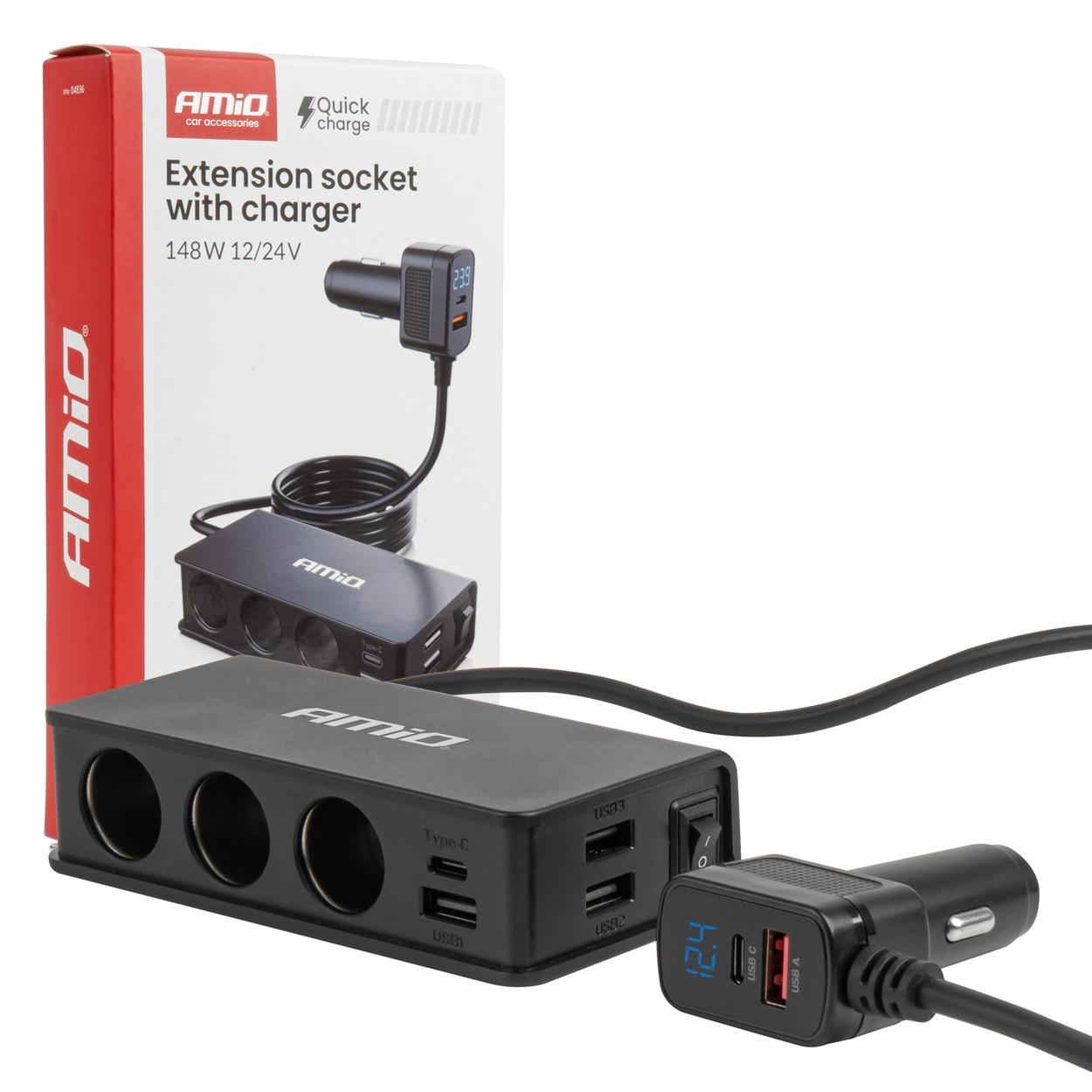 Екстендер за полнач со полнач 3USB-A USB-C 3.0 PD3.0. 148W AMIO-04836