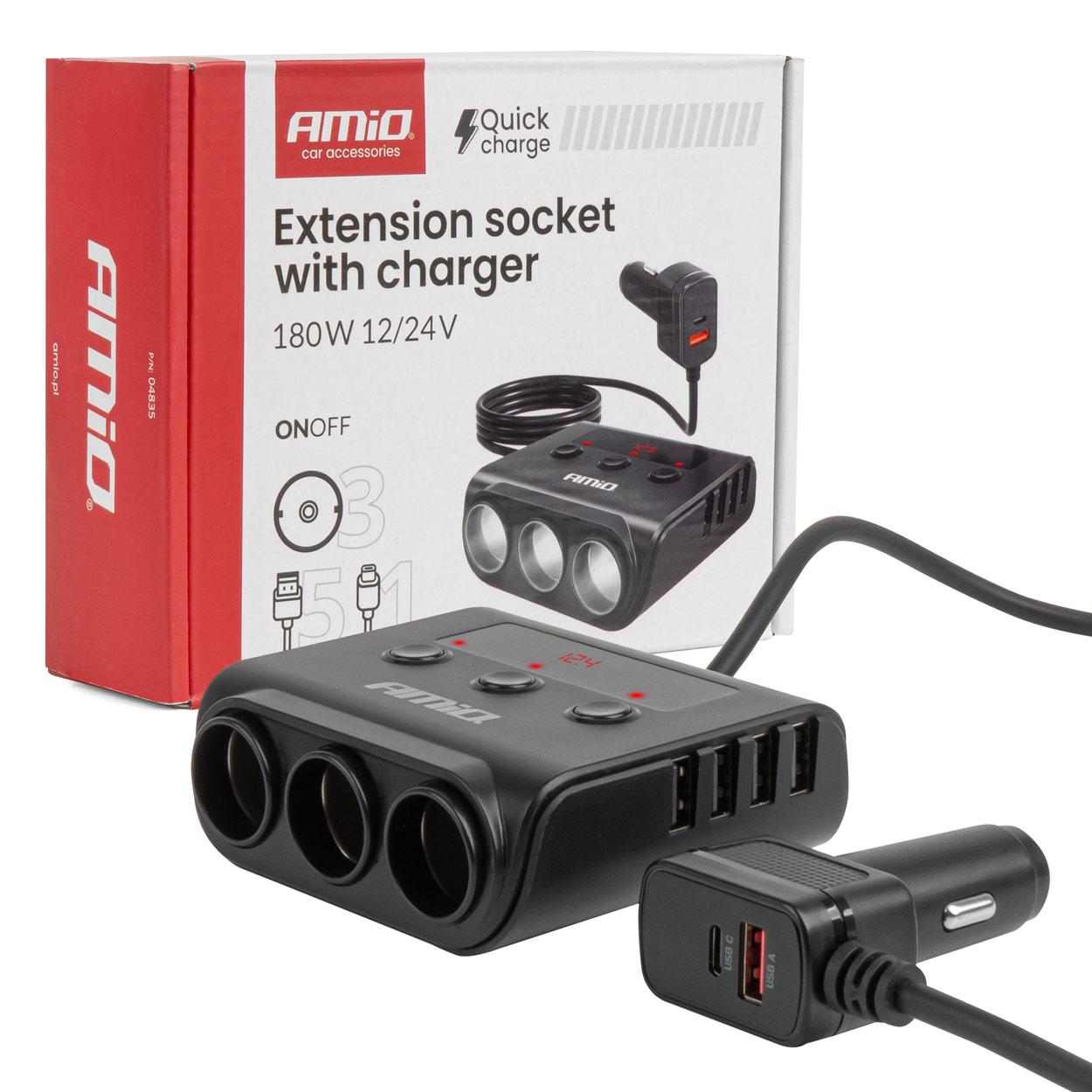 Продолжен приклучок со полнач 4USB-A QC3.0 PD 3.0 180W AMIO-04835