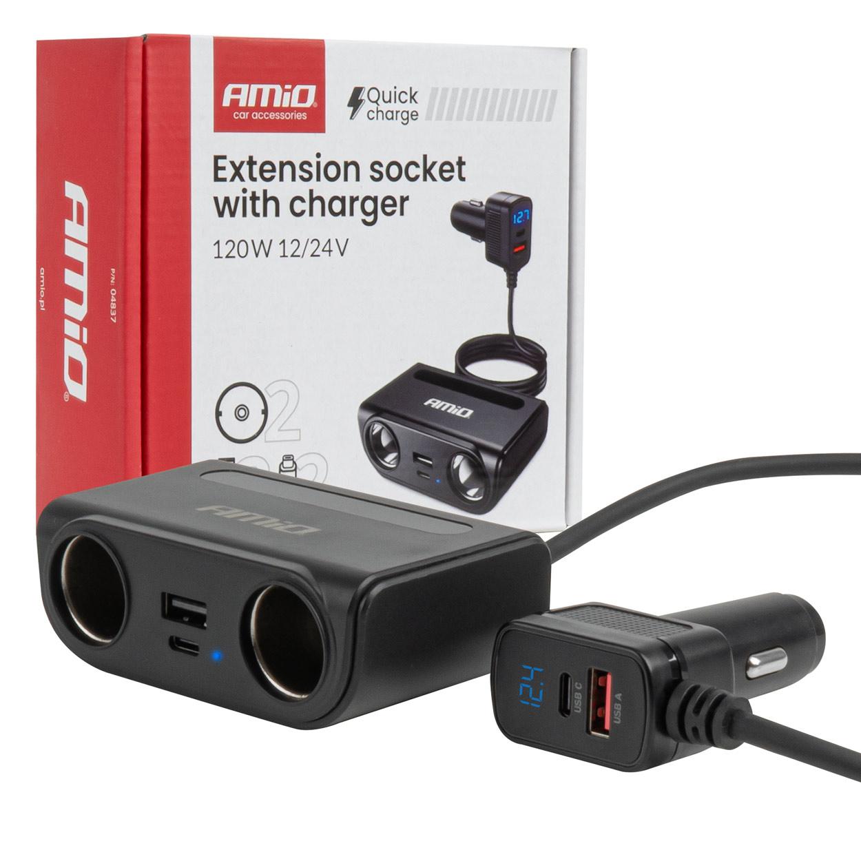 Екстендер за полнач со полнач USB-C USB-A QC3.0 PD3.0 120W AMIO-04837