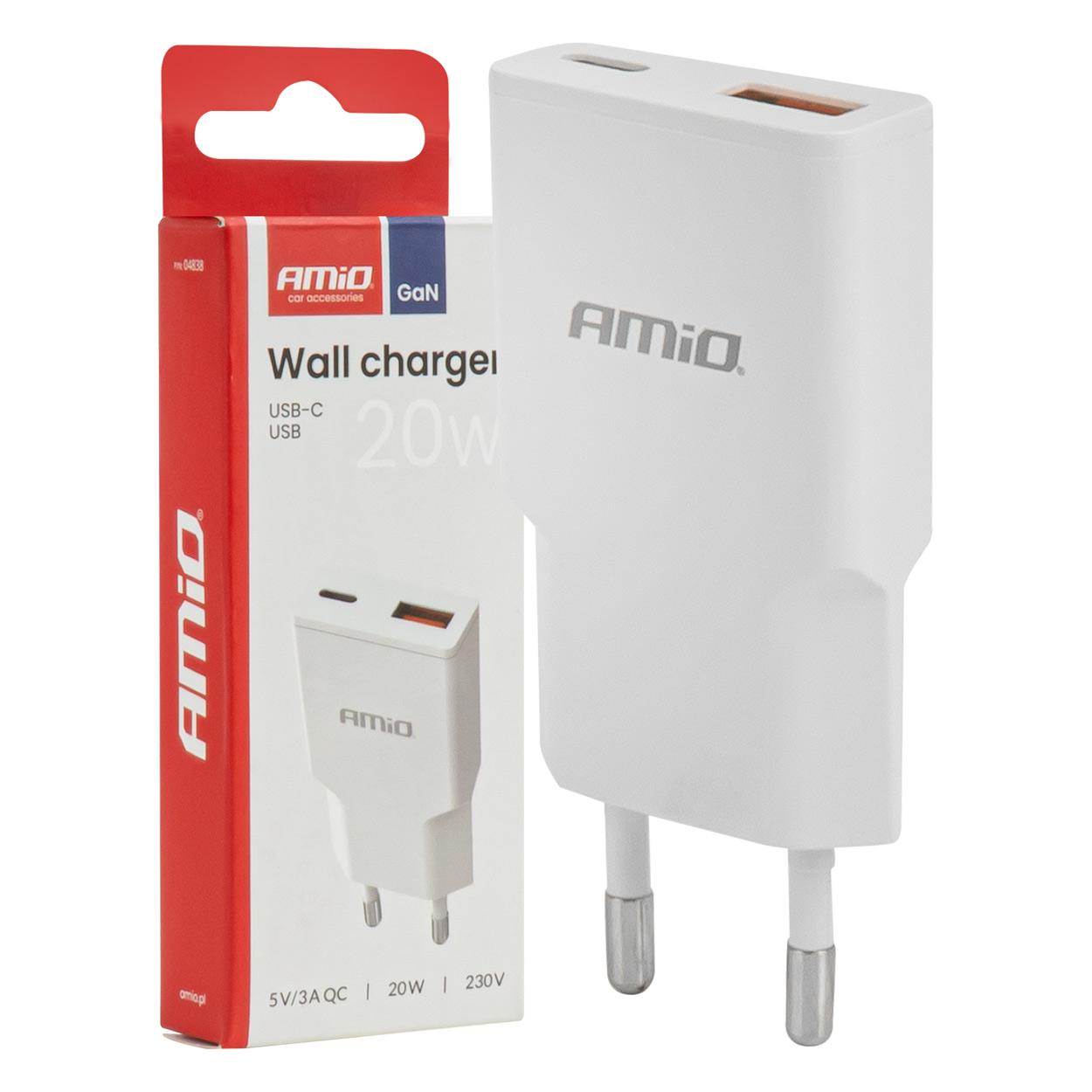 Полнач 230V 20W USB-C USB-A AMIO-04838