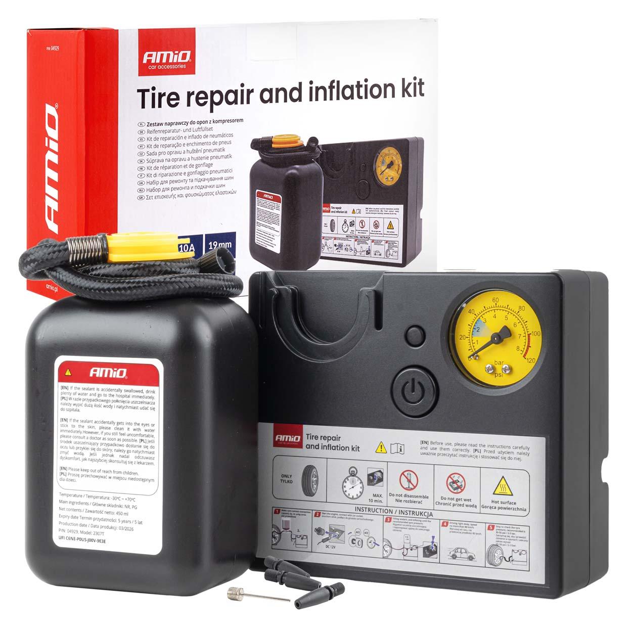 Сет за поправка на гуми и компресор 19mm 12V AMIO-04929